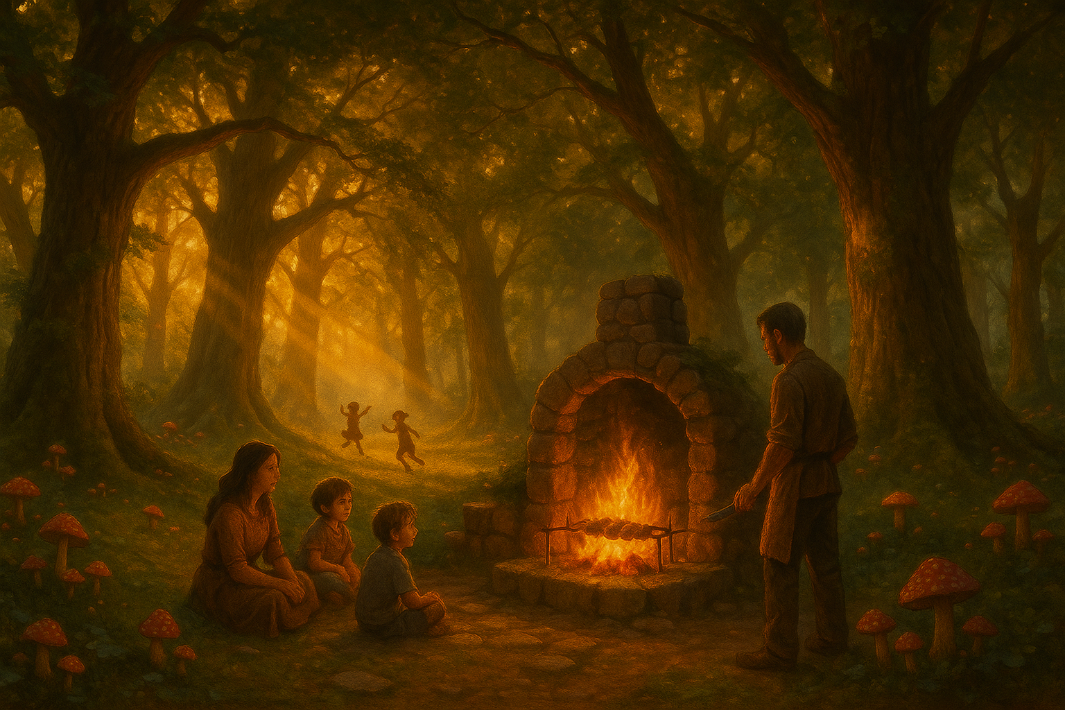 beutifle forest with eavning light, big trees, mushrooms, a natural fireplace, cooking bz the fire, knife in hand, family waiting for food from fire, kids play in the woods